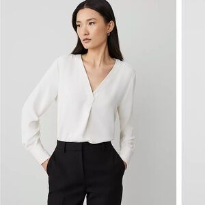 Ann Taylor Cream Mixed Media Pleat Front Blouse